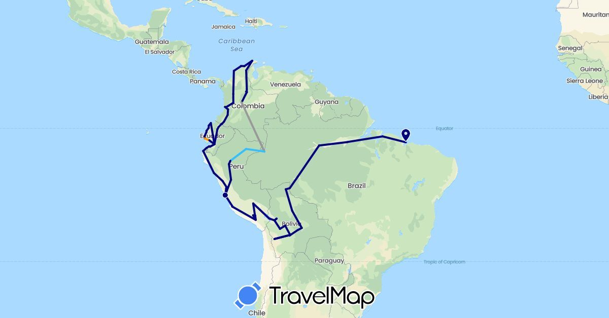 TravelMap itinerary: driving, plane, boat, hitchhiking in Bolivia, Brazil, Colombia, Ecuador, Peru (South America)